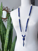 Load image into Gallery viewer, Midnight Skies - 10mm Lapis Rondelle, 8mm Mother of Pearl, Lapis Focal - 108 Mala Bead Necklace