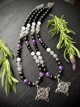 Load image into Gallery viewer, Witch’s Knot Protection Necklace 18” Onyx, Amethyst, Indigo Gabbro, Moonstone, Hematite, Labradorite, Clear Quartz, Smoky Quartz