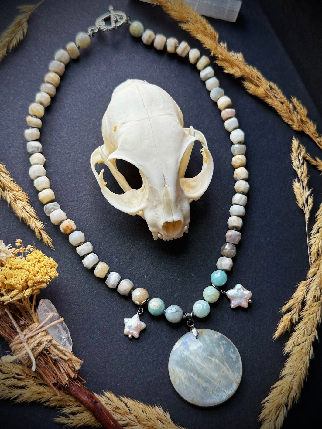 ✨Enchanted Sky - 16” Choker  - 8mm - Moonstone Rondelle + Mystic Amazonite - Moonstone Focal + Freshwater Pearl Stars