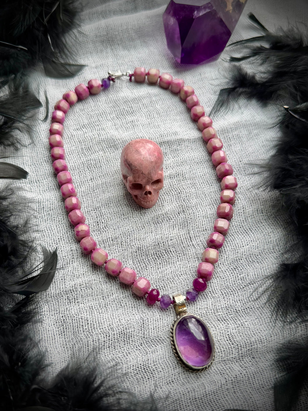 🥀Eternal Bloom - 17” Necklace - 8mm - Faceted Jade Cubes + Amethyst Rondelle + Tibetan Amethyst Focal