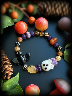 Haunted Harvest Bracelet - Amethyst Pumpkins, Red Aventurine Skull, Carnelian Skull, Ghost & Bat 8mm Gemstone Bracelet