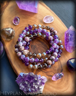 Mystic Wisdom  - Charoite, Amethyst, Aura Amethyst, Smoky Quartz, Mystic Agate - Stretch Mala Bracelet