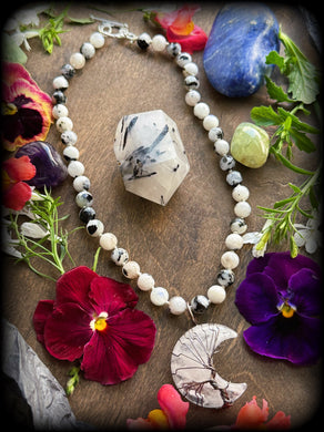 Moonspell - 16” Choker  - 8mm Rainbow Moonstone - Quartz Moon Pendant