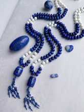 Load image into Gallery viewer, Midnight Skies - 10mm Lapis Rondelle, 8mm Mother of Pearl, Lapis Focal - 108 Mala Bead Necklace