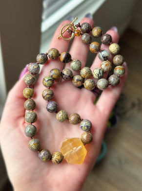 Golden light - 19” Necklace - 10mm Purple Terra Jasper + Drilled Golden Healer Pendant
