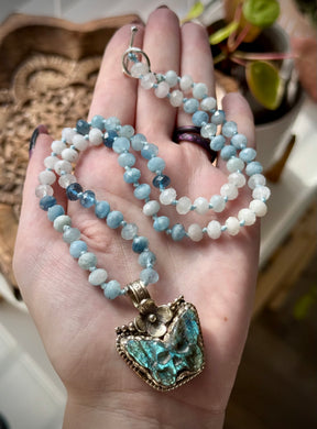 Aqua Mortalis - 20” Necklace - 6mm Aquamarine Rondelle + Labradorite Death Moth Focal