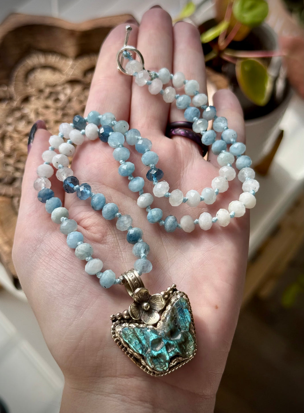 Aqua Mortalis - 20” Necklace - 6mm Aquamarine Rondelle + Labradorite Death Moth Focal