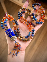 Load image into Gallery viewer, 🪾🌕 Spell of the Harvest Moon - 8mm - Carnelian, Lapis Lazuli, Mystic Tigers Eye, Citrine - 108 Mala Necklace - Artisan Lampwork Focal - Lapis Beaded Tassel