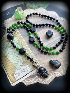 Poison Apple Lariat - Onyx + Jade Albite - Black Tourmaline Accents + Onyx Skull - Knotted Lariat Necklace
