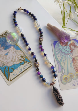 Midnight Whiskers 19” Choker - 8mm Opalite, Galaxy Jade, Galaxy Tigers Eye, Mystic Purple Agate, Czech Glass Cat & Moon Star Beads - Obsidian Point Pendant