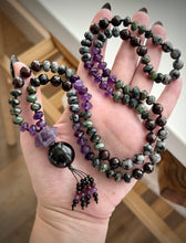 Load image into Gallery viewer, Serpent Moon - 8mm - Amethyst, Kambaba Jasper, Garnet, Snowflake Obsidian 108 Mala Necklace - Amethyst &amp; Onyx Quartz Focal