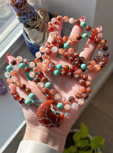 Load image into Gallery viewer, Desert Dreams  - Hessonite Garnet + Red Hematoid Quartz + Peruvian Turquoise - 108 Mala Bead Necklace - Carnelian Moon