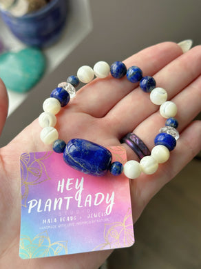 Truth + Wisdom - Lapis Lazuli Focal - 8mm Mother of Pearl + Lapis Lazuli + Clear Quartz - Gemstone Bracelet