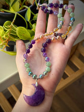 Load image into Gallery viewer, Rich Witch - 16” Choker  - 8mm - Aura Quartz, Green Aventurine, Aura Amethyst, Amethyst, Citrine, Aura Quartz - Amethyst Moon Focal