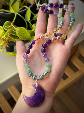 Rich Witch - 16” Choker  - 8mm - Aura Quartz, Green Aventurine, Aura Amethyst, Amethyst, Citrine, Aura Quartz - Amethyst Moon Focal