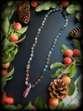 Consumed by Moss - 19” Indian Agate Leaves + Moss Agate Skull + Mookaite Point Pendant