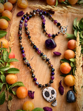 Load image into Gallery viewer, 💀 Muerto Magico - 23” Necklace - Amethyst, Mystic Tigers Eye, Onyx, Hematite - Artisan Ceramic Skull 42mm