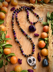 💀 Muerto Magico - 23” Necklace - Amethyst, Mystic Tigers Eye, Onyx, Hematite - Artisan Ceramic Skull 42mm
