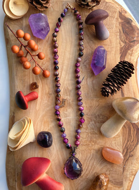 Dew Drop - 20” Necklace - 8mm Amethyst Pumpkins + Tigers Eye - Amethyst Wire Wrapped Pendant