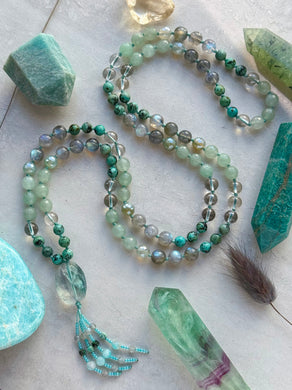 Forest in the Fog - 8mm Green Aventurine, Labradorite, African Turquoise, Titanium Quartz, Mystic Agate - 108 Mala Necklace - Green Fluorite Focal