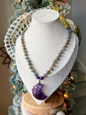 Moonlit Aura - 18” Necklace - 8mm Labradorite - Amethyst Moon Pendant
