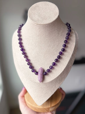 RESERVED - Calm Serenity - 18” Choker - 8mm Amethyst - Lepidolite Point Pendant