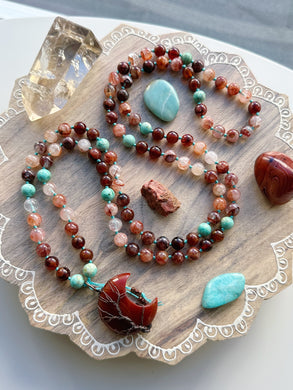 Desert Dreams  - Hessonite Garnet + Red Hematoid Quartz + Peruvian Turquoise - 108 Mala Bead Necklace - Carnelian Moon