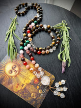 Load image into Gallery viewer, Freyja Meditation Beads - 108 Necklace - Citrine, Moonstone, Carnelian, Garnet, Strawberry Quartz, Rose Quartz, Malachite, Tigers Eye, Clear Quartz - Quartz Focal