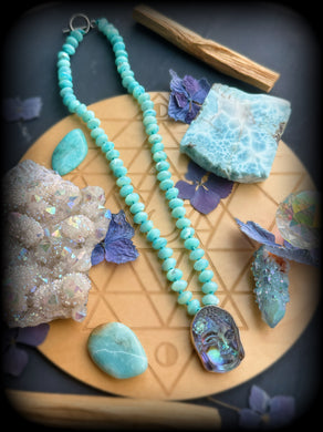 Serene Buddha - 16” Choker - 8mm Turquoise Mother of Pearl + Sterling Silver Abalone/Quartz Buddha