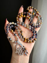 Load image into Gallery viewer, Gilded Vision - 108 Mala Necklace (39”)- 8mm Mystic Tigers Eye, Iolite, Chocolate Moonstone, Mystic Silverite, Terahertz, Czech Glass - Hematite Czech Glass Focal