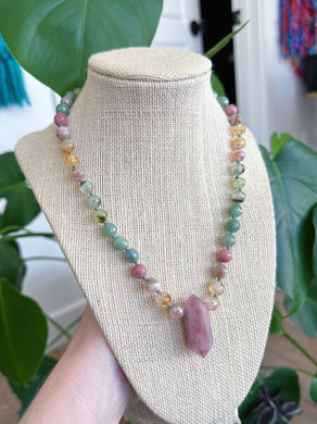 Succulent Garden - 18” Choker - 8mm Mystic Aventurine + Prehnite + Citrine + Sunstone + Mystic Pink Healer + Pink Opal - Rose Quartz Pendant
