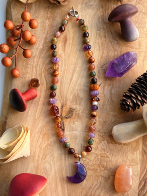 Harvest Moon - 17” Choker - 8mm Citrine, Tigers Eye, Hessonite Garnet, Rhyolite, Amethyst Carved Pumpkins + Lampwork Glass Mushroom and Pumpkin + Carnelian Skull Carving - Amethyst Moon Pendant