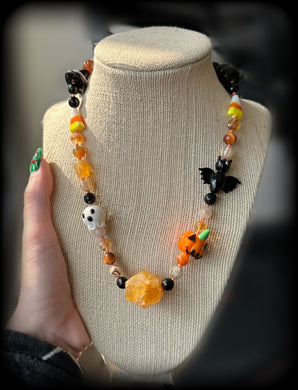 RESERVED - Halloweentown - 16” Choker - Onyx, Striped Agate, Citrine, Orange Tigers Eye, Mystic Golden Healer - Carved Skulls - Lampwork Halloween Beads - Golden Hematoid Quartz