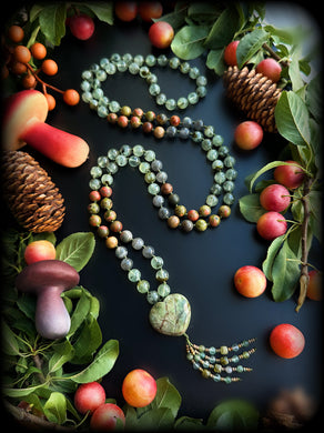 Rejuvenating the Heart - 
108 Mala Bead Necklace - Prehnite, Labradorite, Unakite, Creek Jasper, Green Opal Heart Focal - Beaded Tassel