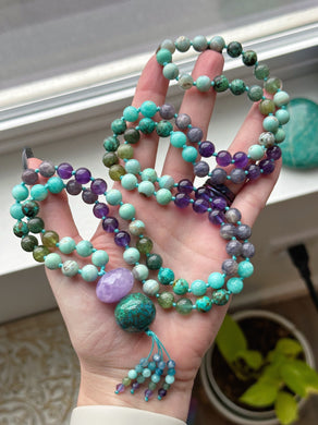 Finding the flow - 108 Gemstone Meditation Beads - Amethyst + Chrysocolla Focal