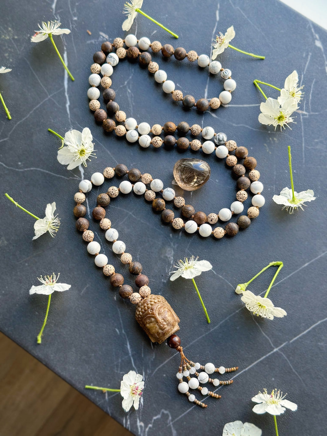 Seeds of Stillness - Bodhi Seed, Howlite, Bronzite - 108 Mala 40” Necklace - Carved Jade Buddha Focal