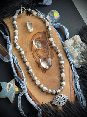 Winter Guardian - 20” Necklace 8mm Moonstone, Silver Leaf Jasper, Mystic Silverite, Czech Glass + CZ Eye Focal