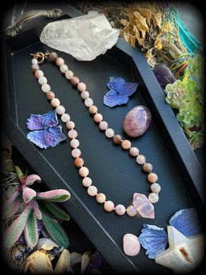 Flower Fae - 16” Choker - Mystic Moonstone + Sunstone + Mystic Pink Healer + Mystic Lavender Amethyst - Rose Quartz Pendant