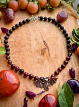 Load image into Gallery viewer, 🦇 Blood Moon - 16” Choker Apple Jasper, Burgundy Tigers Eye, Matte Onyx - Pewter Bat focal