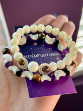Load image into Gallery viewer, SET (2) Bracelets - 8mm Onyx, Amethyst, Tigers Eye, Mother of Pearl Moons - Stretch Mala Bracelets