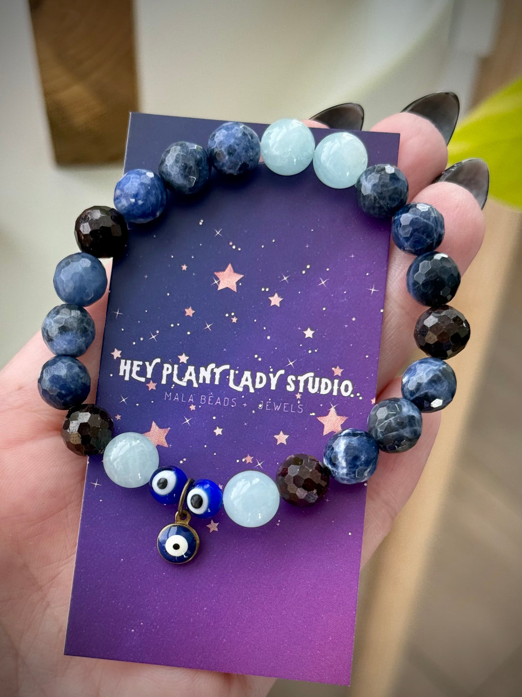 Evil Eye 🧿 - 8mm Sodalite, Garnet, Aquamarine - Stretch Mala Bracelet