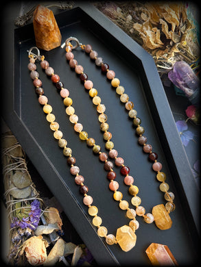 Little Miss Sunshine 16” Choker- Sunstone + Citrine + Hessonite/Olive Garnet + Tigers Eye + Rainbow Citrine Pendant