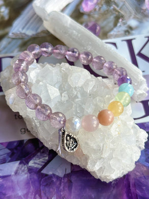 Chasing Rainbows - 925 Silver Buddha - 8mm Rose Quartz + Moonstone + Yellow Selenite + Prehnite + Aquamarine + Mystic Agate/Amethyst + Lavender Amethyst - Gemstone Bracelet