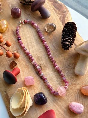 Flower Fae  - 16” Choker - Pink Tourmaline Rondelle + Rose Quartz Pendant