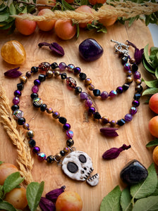 💀 Muerto Magico - 23” Necklace - Amethyst, Mystic Tigers Eye, Onyx, Hematite - Artisan Ceramic Skull 42mm