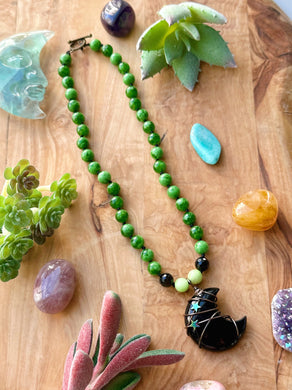 Poison Apple 16” Choker  - Gold Sheen Obsidian + Maw Sit Sit Jade + Lime Calcite + Onyx Moon Pendant