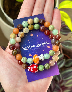 Forest Floor - SET of Two - Strawberry & Mischievous Mushroom - 8mm Gemstone Stretch Bracelets