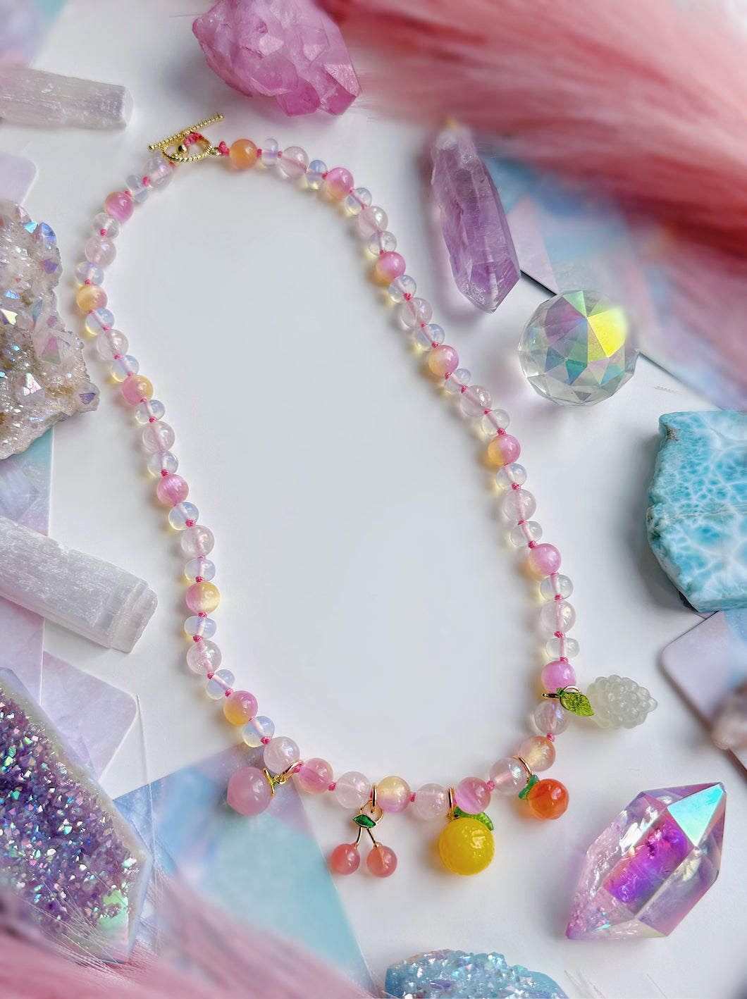 RESERVED - PRE ORDER Tropicana Dream - 20” Necklace - Agate Fruit Charms + 8mm Pink Selenite + Opalite Rondelle + Mystic Rose Quartz