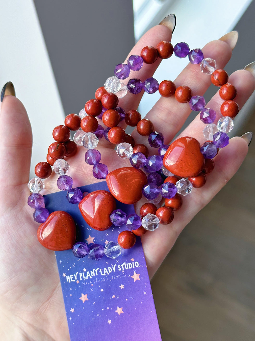 Hearts Afire - 8mm AAA Amethyst, AAA Quartz, Red Jasper Stretch Mala Bracelet