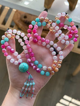 Load image into Gallery viewer, Flamingo Soirée - 8mm -Pink fire Agate, Amazonite, Aura Citrine, Champagne Aura Quartz, Aura Rose Quartz, - 108 Mala Necklace - Amazonite Focal